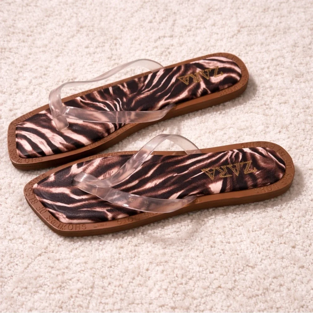 ZARA Zebra Print Flip Flop Sandals Clear Strap Thong Slides Size 41 / US 10 - Picture 6 of 6